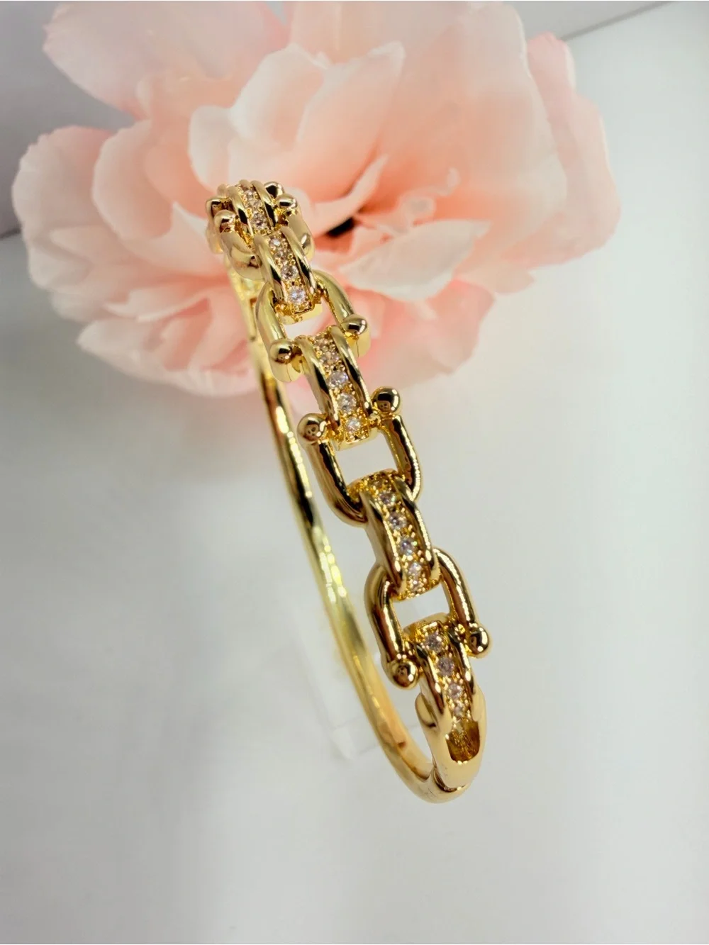 Gold Link Bracelet with Clear Crystal Accents - Women's Jewelry
